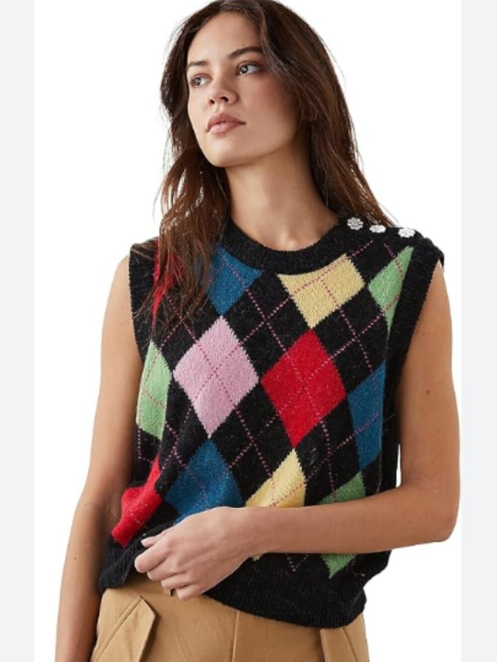 Rails Christie Argyle Sweater Vest Size M Wool Alpaca Blend Embellished Shoulder